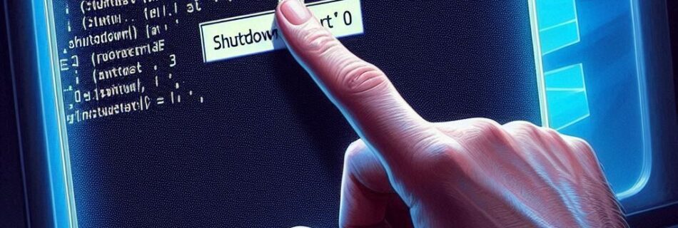 Una mano che indica uno schermo di computer che mostra un terminale con il comando shutdown. Lo schermo ha un bagliore blu e la mano sta usando un cursore a freccia digitale per selezionare il comando.