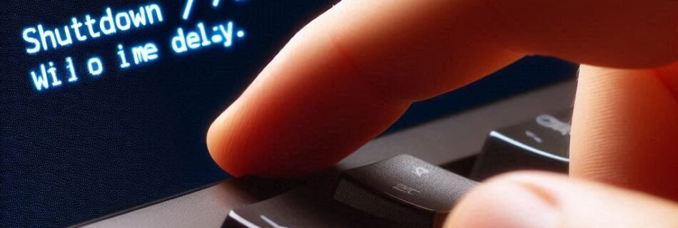 Primo piano della mano di una persona che digita su una tastiera, con uno schermo di computer che mostra linee di codice e un messaggio di errore. Il messaggio recita, Arresto avviato. Verrà completato a breve. Lo schermo ha uno sfondo blu con testo bianco.