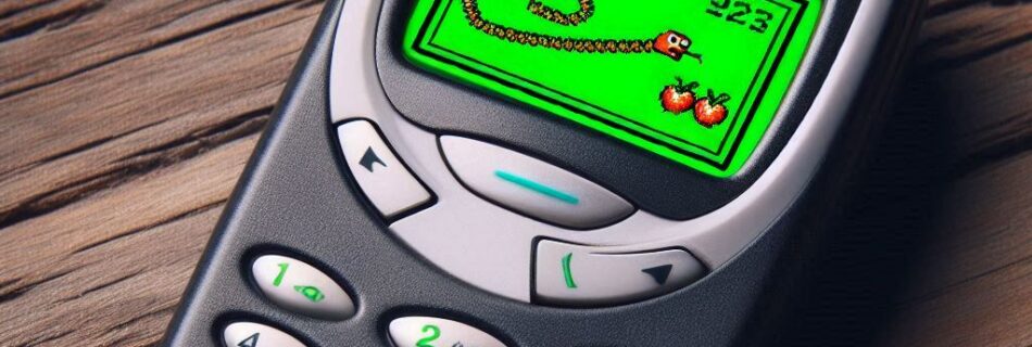 Un telefono cellulare Nokia 3310 nero e argento con schermo illuminato di verde che mostra il classico gioco Snake. Il telefono è appoggiato su una superficie di legno, e mostra il punteggio del gioco e un serpente che mangia una mela.