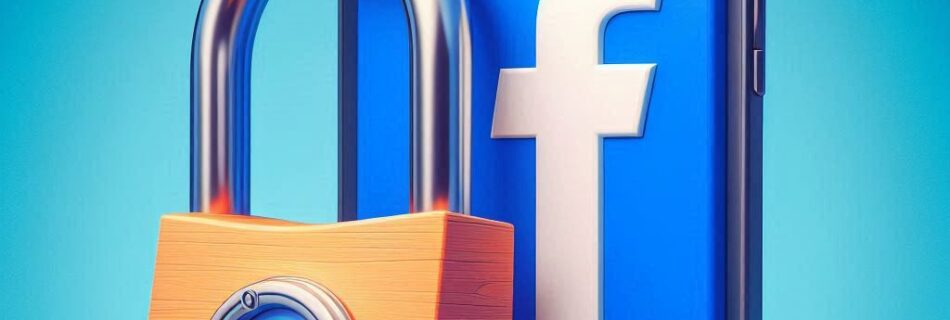 Un grande lucchetto è posizionato davanti a uno smartphone che mostra una schermata blu con il logo di Facebook F, a simboleggiare come proteggere in modo sicuro le credenziali di Facebook. Lo sfondo presenta un gradiente di blu, che esalta il tema della privacy e della sicurezza.