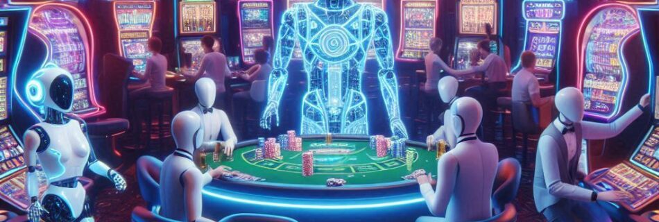 In un'atmosfera vivace e colorata, il futuristico casinò AI vibra di eccitazione, mentre robot umanoidi si cimentano nel poker su tavoli illuminati al neon. Un grande display digitale accoglie calorosamente i visitatori mentre le slot machine ronzano dolcemente, evidenziando sottilmente come l'intelligenza artificiale può creare dipendenza dal gioco d'azzardo.