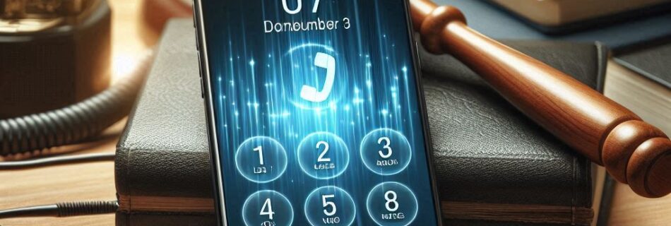 Uno smartphone con un tastierino numerico digitale è posizionato su una scrivania circondata da un martelletto, libri di giurisprudenza e uno stetoscopio. Lo schermo mostra 07 e Danumber 3. È collegato a un cavo di ricarica.