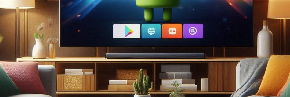 Un soggiorno è dotato di una grande TV che mostra un'interfaccia Android TV e Google TV con icone di app. La stanza ha divani colorati, un tavolino da caffè in legno con piante e luci calde, creando un'atmosfera accogliente.