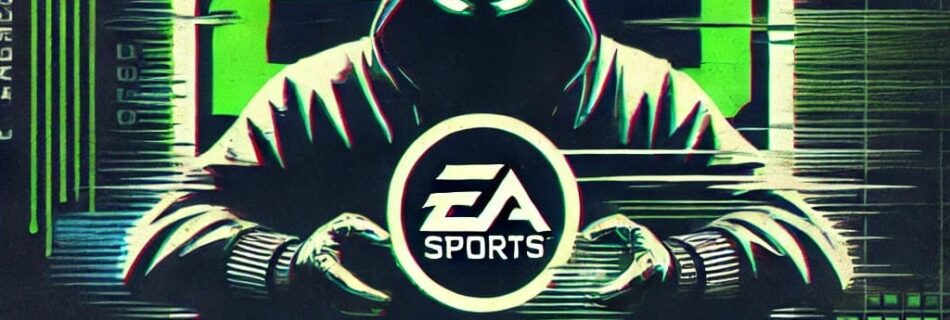 Un'illustrazione digitale che celebra il 25° anniversario di EA Sports. Una figura incappucciata tiene una palla con il logo di EA Sports. Sullo sfondo sono visibili i numeri 25 verdi e bianchi in grassetto. Intorno al design sono visualizzati codici simili a Matrix.