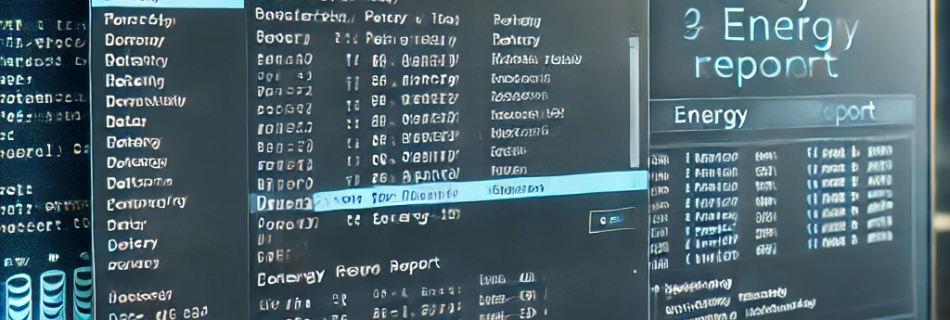 Un monitor di computer visualizza software relativo all'energia con un report PowerCfg/Energy. Lo schermo mostra vari dati e grafici relativi alle statistiche di potenza. L'interfaccia è futuristica con toni blu e grafica digitale.