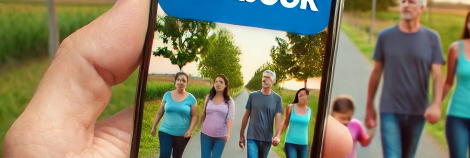 Una mano tiene uno smartphone che mostra un'immagine di persone che camminano, che si fonde perfettamente con una scena di una famiglia che cammina lungo un sentiero alberato. Il logo di Facebook con gli occhi è sullo schermo del telefono. Lo sfondo e lo schermo del telefono sembrano connettersi.