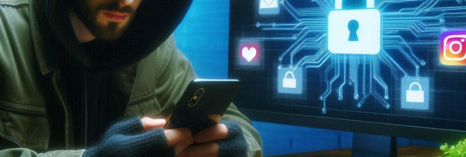 Una persona con un cappuccio è seduta a una scrivania, e usa uno smartphone. Un monitor di computer mostra un lucchetto digitale e varie icone di social media. La stanza è scarsamente illuminata, creando un'atmosfera misteriosa. Sulla scrivania ci sono anche penne, un telefono e un altoparlante.