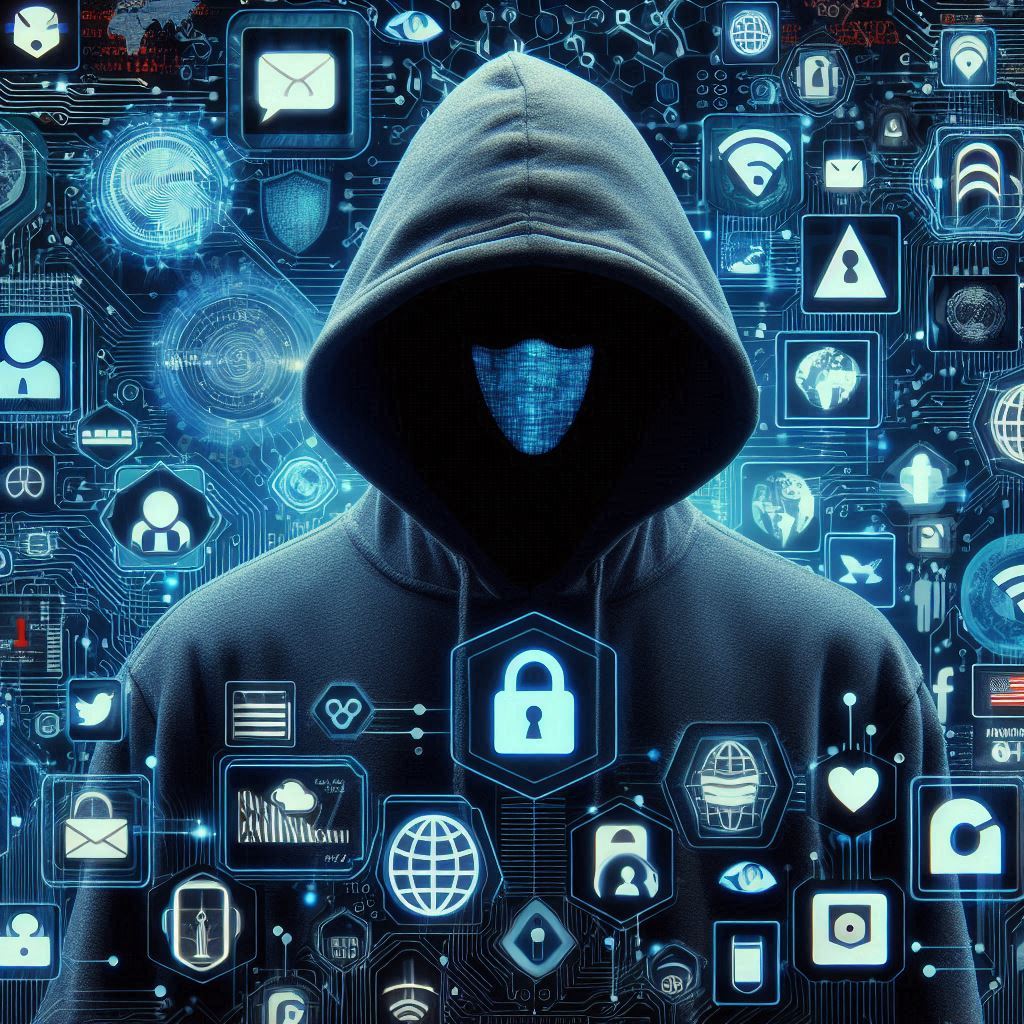 Una figura incappucciata con un volto digitale è in piedi davanti a uno sfondo pieno di icone di tecnologia e di rete, come lucchetti, globi e simboli dei social media, che rappresentano la sicurezza e l'hacking di Internet.