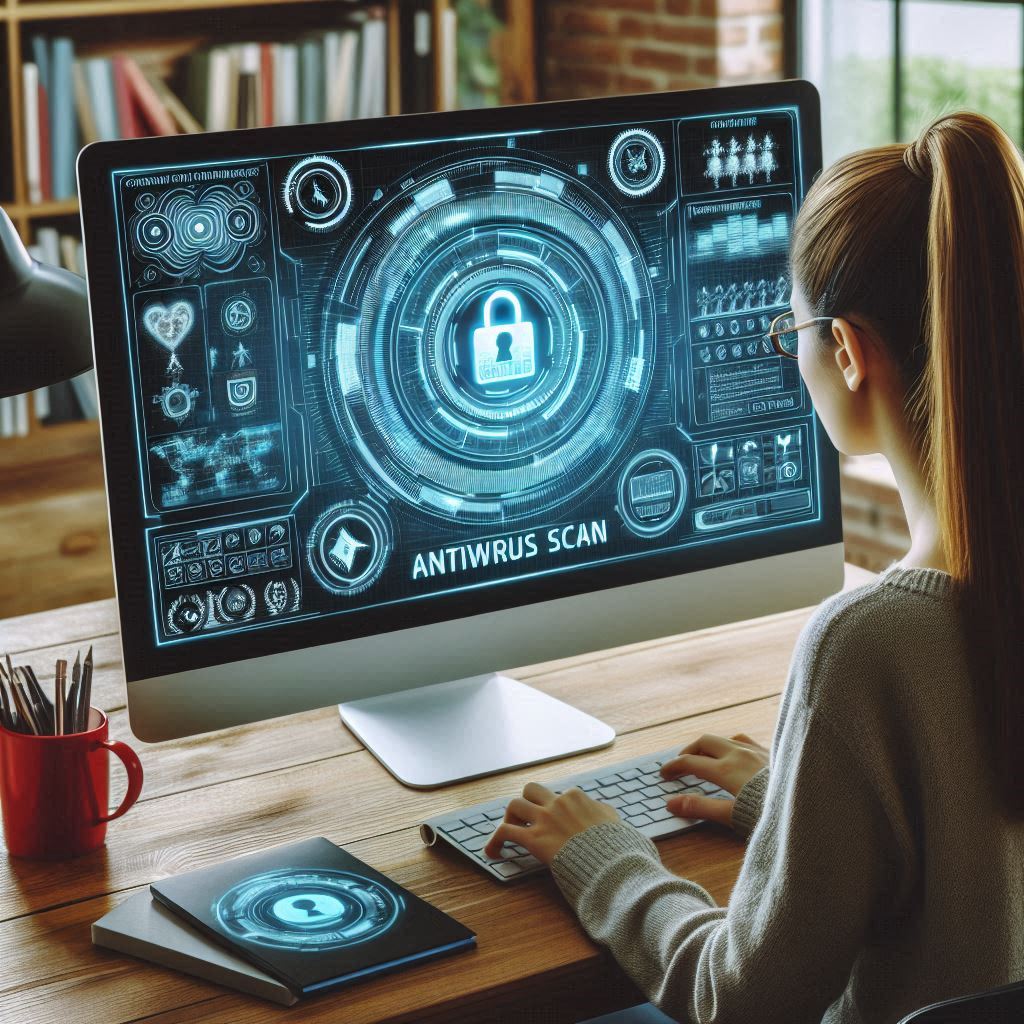 Una persona è seduta a una scrivania e usa un computer con un'interfaccia futuristica che mostra una scansione antivirus sullo schermo. La configurazione include un tablet con un simbolo di lucchetto simile, ambientato in un ambiente di ufficio domestico moderno e organizzato.