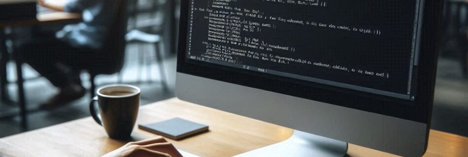 Una persona digita codice su un computer desktop in un bar, sperimentando Comandi Windows da CMD, mentre una tazza di caffè è lì vicino. La luce del sole filtra attraverso la finestra, illuminando la scena. Un'altra persona è visibile sullo sfondo, seduta a un tavolo.