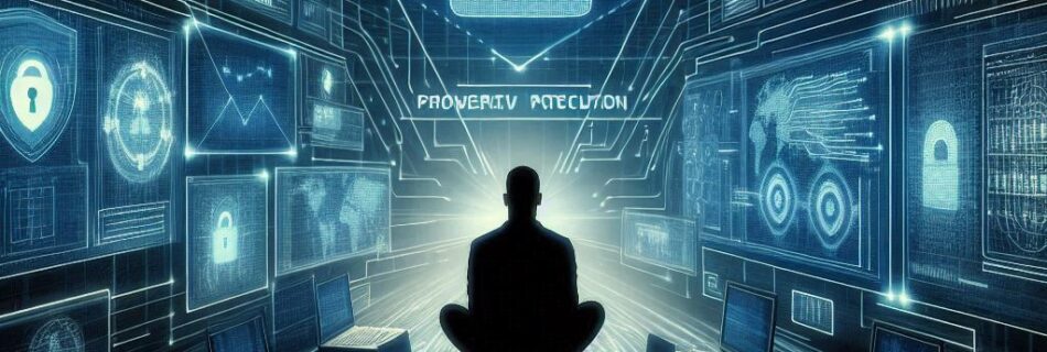 Una persona è seduta a gambe incrociate in una stanza buia, circondata da schermi di computer che mostrano simboli di sicurezza e dati digitali. Spiccano un grande lucchetto e le parole Privacy Protection, che richiamano temi di sicurezza informatica e metodi per prevenire Come un Hacker Può Intercettare una Rete WiFi.