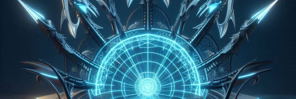 Un dispositivo olografico futuristico e luminoso di colore blu che ricorda un router high-tech con intricati disegni appuntiti e una cupola geodetica centrale. La sua base ricorda l'interfaccia che incontreresti quando installi DD-WRT su Netgear, completa di eleganti controlli digitali e letture per quel fascino fantascientifico.