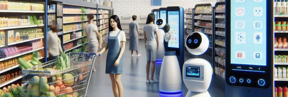 Una corsia futuristica di un supermercato con una donna che spinge un carrello pieno di generi alimentari. I robot assistono i clienti e un grande display digitale mostra le informazioni. Il negozio ha il logo Lidl sopra la corsia, che offre false offerte truffe che invogliano gli acquirenti online mentre curiosano tra gli scaffali.