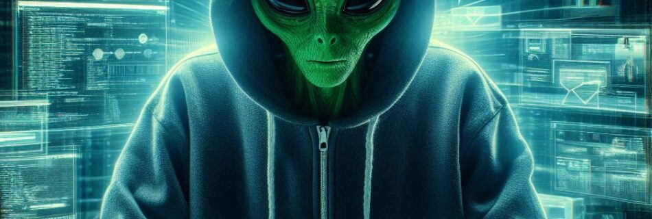 Un alieno con cappuccio digita su una tastiera, circondato da schermi digitali che mostrano codice, un globo e vulnerabilità della smart TV. La scena suggerisce uno scenario di hacking futuristico che ricorda il dominio di Shodan.
