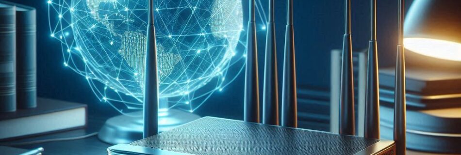 Un router moderno con più antenne è appoggiato su una scrivania con un tablet luminoso che mostra un simbolo Wi-Fi. Nelle vicinanze, "VoWi-Fi: come funziona e come stare in sicurezza" è mostrato come un globo olografico sospeso, circondato da linee di rete, creando un'atmosfera futuristica e incentrata sulla tecnologia.