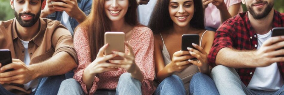 Un gruppo eterogeneo di sette giovani adulti è seduto sull'erba, sorridente mentre interagisce con i social media sui propri smartphone. La privacy è sottilmente riconosciuta mentre like e cuori fluttuano sopra i loro schermi. L'ambiente soleggiato e all'aperto con alberi sfocati sullo sfondo aggiunge un livello di connessione spensierata.