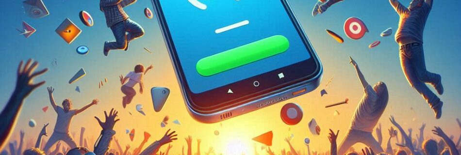 Mentre il sole tramonta, una folla alza le mani verso uno smartphone gigante che mostra una notifica a forma di cuore. Persone e icone multimediali fluttuano intorno, a simboleggiare la connettività digitale. In mezzo a questa scena, sussurri di "truffa posteinfo" ricordano agli utenti di stare attenti online con l'attività di monitoraggio di poste italiane.