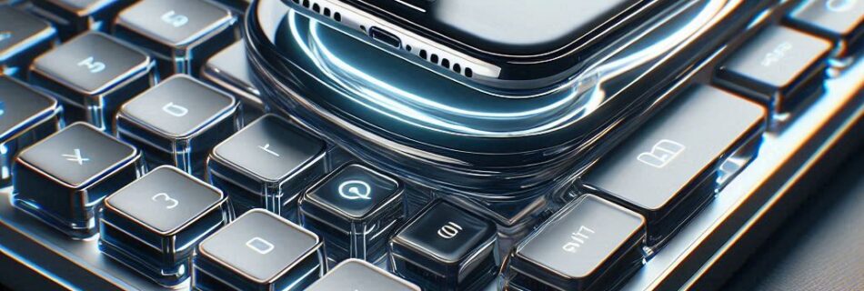 Uno smartphone elegante appoggiato su una tastiera futuristica con tasti illuminati crea un'estetica moderna e tecnologica. La superficie metallica riflette la luce, evidenziando lo schermo del telefono e il design della tastiera, perfetto per gli utenti che desiderano cambiare layout tastiera su android senza sforzo.