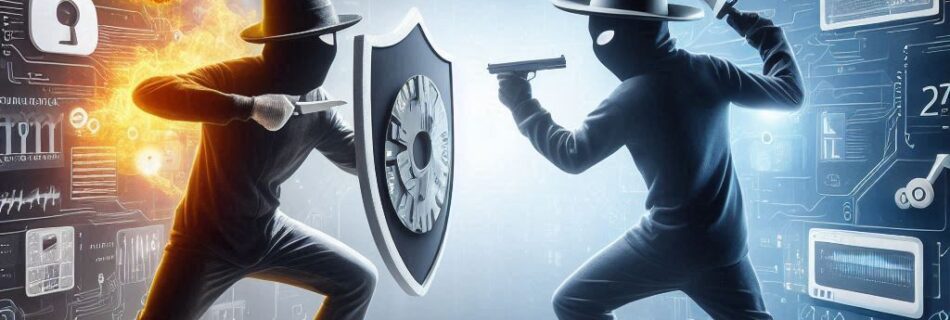 In un'arena digitale, due figure con cappelli e maschere si affrontano: una impugna una pistola, l'altra brandisce uno scudo. Circondati da simboli di sicurezza informatica come lucchetti e firewall, ci sono una colomba e dispositivi tecnologici fluttuanti, che evidenziano i rischi e le opportunità dell'IoT in questo panorama.