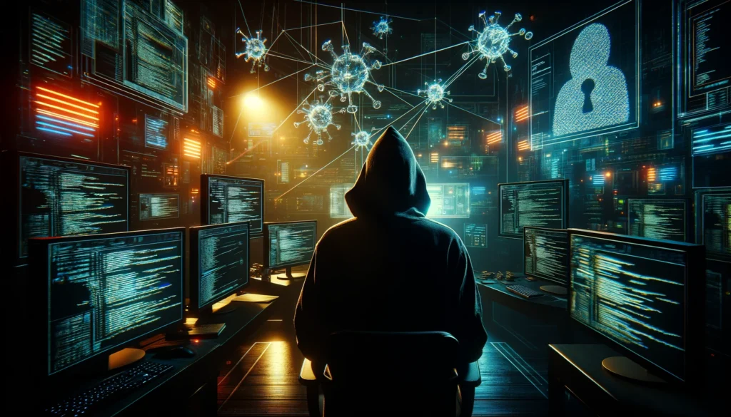 Una persona con una giacca con cappuccio è seduta davanti a un computer circondata da più schermi che mostrano codice. Sono visibili rappresentazioni digitali di virus e un simbolo di lucchetto, suggerendo un tema di sicurezza informatica in un ambiente buio e incentrato sulla tecnologia.