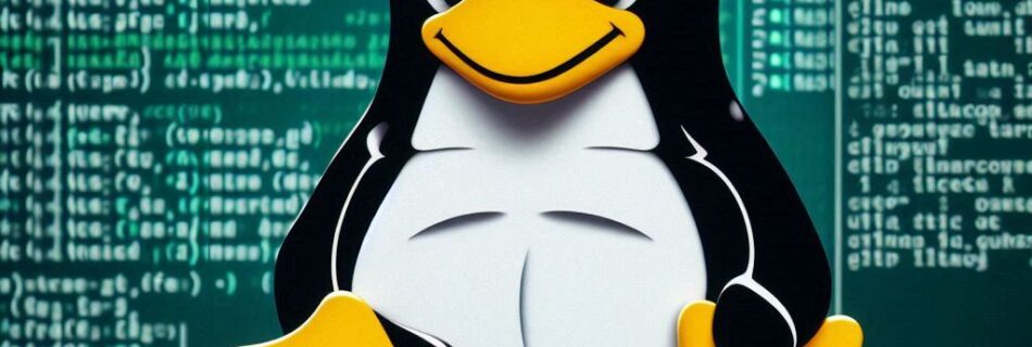 Un pinguino dei cartoni animati, che ricorda la mascotte di Linux, è seduto su una tastiera, mentre sullo sfondo vengono visualizzate delle righe di codice per la creazione e l'estrazione di file tar su Linux, su schermi verdi.