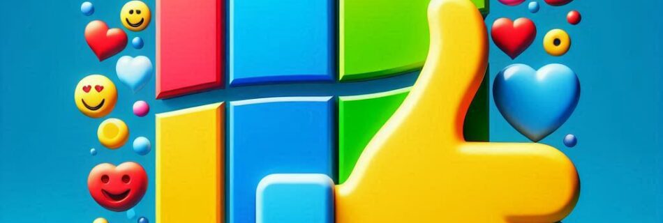 Una rappresentazione 3D di una mano che fa il pollice in su accanto a un mosaico colorato, che ricorda un logo tecnologico, è circondata da vari emoji che esprimono emozioni diverse su uno sfondo blu. Scopri come migliorare senza sforzo le tue conversazioni digitali e come usare emoji su Windows.