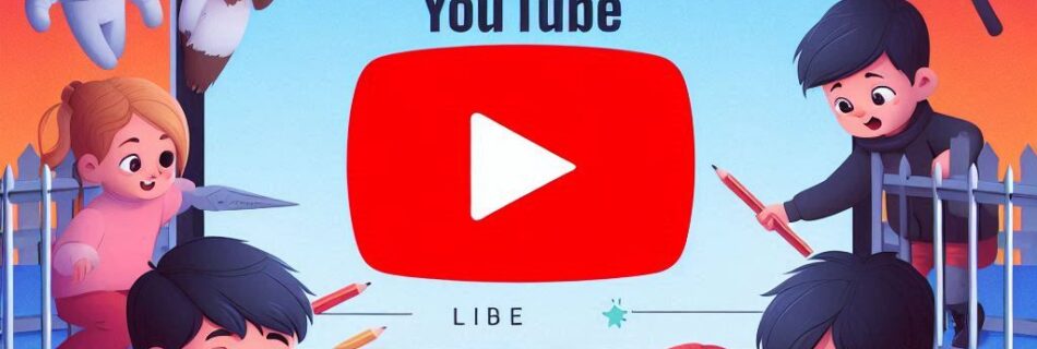 Illustrazione di bambini e personaggi dei cartoni animati attorno a un computer portatile con il logo di YouTube, che suscita la domanda "YouTube Kids è sicuro?". La scena colorata include matite, telecamere ed elementi giocosi su uno sfondo sfumato che va dall'arancione al viola.