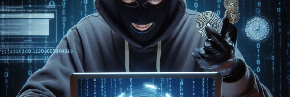 Una persona che indossa una felpa con cappuccio e una maschera è seduta davanti a un computer portatile che mostra un'icona di lucchetto sullo schermo. Tiene in mano una moneta, circondata da pile di monete e grafica digitale, che suggerisce minacce di hacking o di sicurezza informatica.