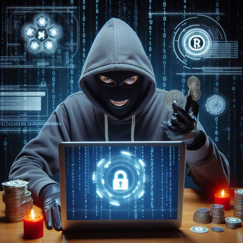 Una persona che indossa una felpa con cappuccio e una maschera è seduta davanti a un computer portatile che mostra un'icona di lucchetto sullo schermo. Tiene in mano una moneta, circondata da pile di monete e grafica digitale, che suggerisce minacce di hacking o di sicurezza informatica.