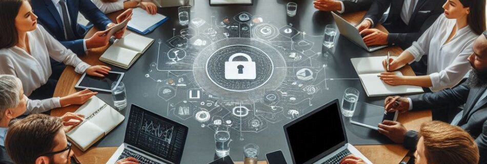 Un gruppo di professionisti in abiti formali è seduto attorno a un tavolo circolare in una luminosa sala conferenze, impegnato in una discussione. Varie icone e grafici di sicurezza digitale sono sovrapposti sopra di loro, evidenziando temi di sicurezza informatica e innescando un dialogo su come le videochiamate possano diventare artificiali a causa della tecnologia deepfake.