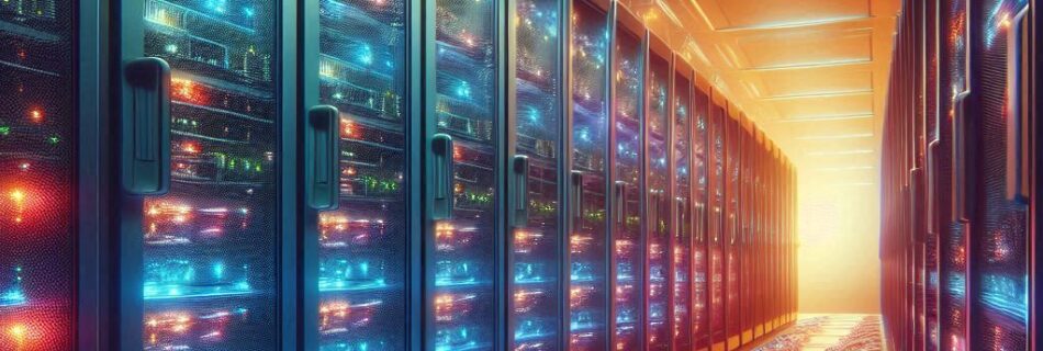 In un data center futuristico dove dominano rack di server luminosi e cavi colorati illuminati, l'atmosfera vibra di tensione. Mentre tonalità vibranti di blu, rosso e arancione illuminano il corridoio che conduce a una fine luminosa, ci si chiede come gli hacker potrebbero sfruttare le vulnerabilità in sistemi così avanzati.