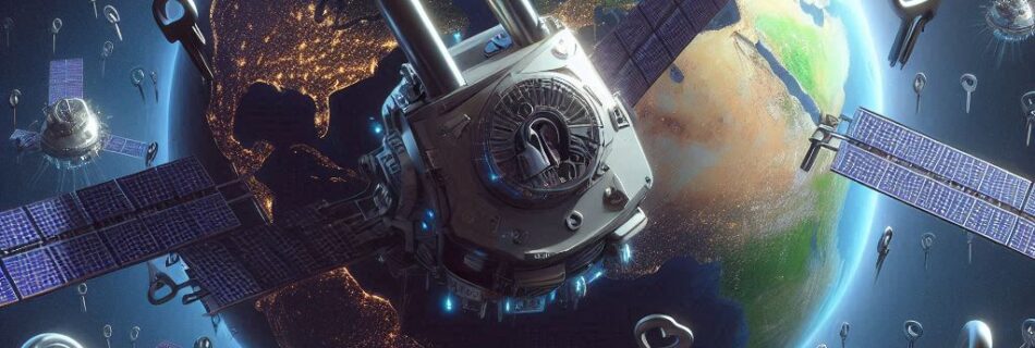 Un'opera d'arte digitale raffigurante la Terra circondata da satelliti a forma di lucchetto, che sottolinea la sicurezza nella comunicazione globale. Le chiavi fluttuano nello spazio, simboleggiando la crittografia. La Terra è parzialmente illuminata, rivelando continenti e luci della città, mostrando il pro e contro della tecnologia satellitare.