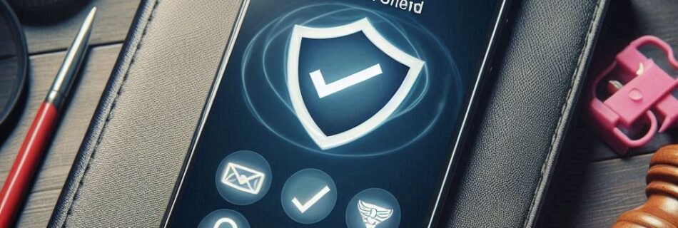 Uno smartphone mostra un'interfaccia di app di sicurezza con la parola FAKE sullo schermo, appoggiata su un tappetino di pelle nera. Circondato da oggetti come un martello, una lente e dei timbri, evoca un tema legale o investigativo, evidenziando la consapevolezza contro "truffa SMS con numeri 893" e suggerimenti su "come proteggersi.