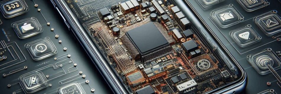 Uno smartphone con retro trasparente rivela i suoi circuiti interni, circondati da icone digitali fluttuanti che rappresentano varie funzioni dell'app. Su uno sfondo scuro, mette in risalto gli elementi tecnologici consentendo agli utenti di visualizzare requisiti sistema Android senza soluzione di continuità.