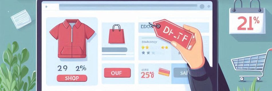 Illustrazione di una persona che usa un computer per fare shopping online. Uno schermo mostra articoli di abbigliamento con sconti. La persona tiene in mano un cartellino con sconto. Sulla scrivania ci sono una tazza da caffè, fogli e piante. Sullo sfondo ci sono un orologio e il simbolo del carrello della spesa.