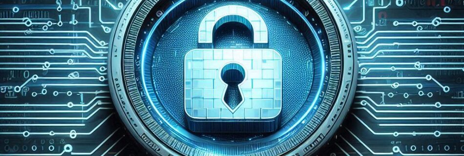 Un'icona di lucchetto luminoso circondata da schemi di circuiti simboleggia la sicurezza informatica. Lo sfondo è pieno di codice binario, evidenziando i temi della protezione digitale e della crittografia dei dati.