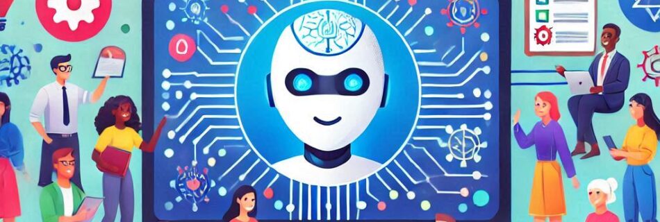 Illustrazione di individui diversi che interagiscono con la tecnologia. Uno schermo di computer centrale mostra un robot con circuiti digitali. Varie icone di app e simboli di social media fluttuano sopra, simboleggiando connettività e collaborazione.