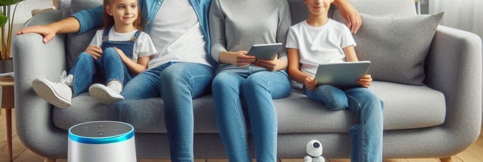 Una famiglia di quattro persone è seduta su un divano in un soggiorno moderno, ognuno con un tablet in mano. Vari dispositivi per la casa intelligente sono esposti di fronte, tra cui uno smart speaker, un robot aspirapolvere, una telecamera di sicurezza e un orologio digitale. Mensole con decorazioni sono sullo sfondo.