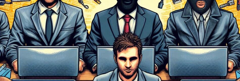 a group of men sitting at a table with laptops