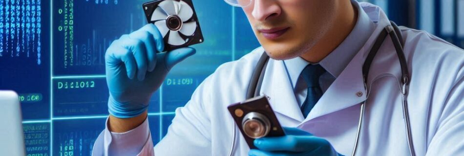 a man in a lab coat and gloves holding a fan