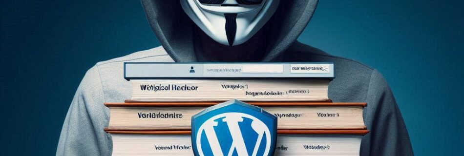 Un hacker etico, noto come whitehat, protegge un sito web WordPress. L'immagine mostra l'hacker in azione, con icone di sicurezza, firewall, e strumenti di difesa informatica. WordPress è rappresentato come un castello medievale, con l'hacker che agisce come un cavaliere difensore contro le minacce cibernetiche.