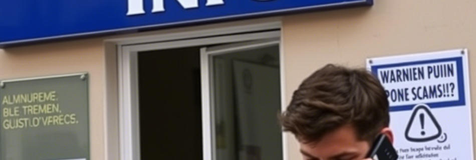 Un uomo con camicia azzurra e cravatta parla al telefono con un'espressione preoccupata davanti a un ufficio INPS. Sulla parete esterna è visibile un cartello di avviso che mette in guardia contro le truffe telefoniche.