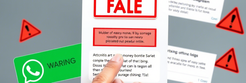 Una persona tiene in mano uno smartphone che mostra un messaggio sospetto su WhatsApp, etichettato con un avviso rosso "FALSE". Intorno ci sono icone di avviso rosse con punti esclamativi e un'icona verde di WhatsApp con la scritta "WARNING", indicando un potenziale tentativo di truffa online.