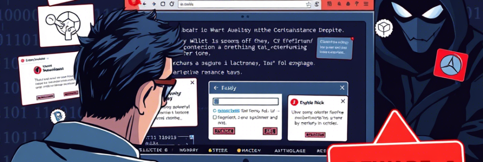 L'immagine raffigura una persona seduta davanti a un computer, intenta a digitare sulla tastiera. Sullo schermo del computer sono visibili diverse finestre con testi e simboli che sembrano essere codici o messaggi criptici