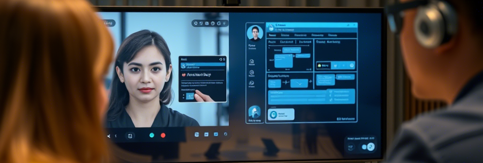 Un uomo e una donna si siedono di fronte a un grande schermo che mostra grafici, diagrammi e immagini di tecnologia avanzata. L'uomo indossa un abito blu e occhiali, mentre la donna è vestita con un abito grigio sopra una camicia bianca. Entrambi sembrano impegnati in una discussione seria o una presentazione professionale. Lo sfondo mostra un ufficio moderno con illuminazione soffusa e mobili contemporanei.