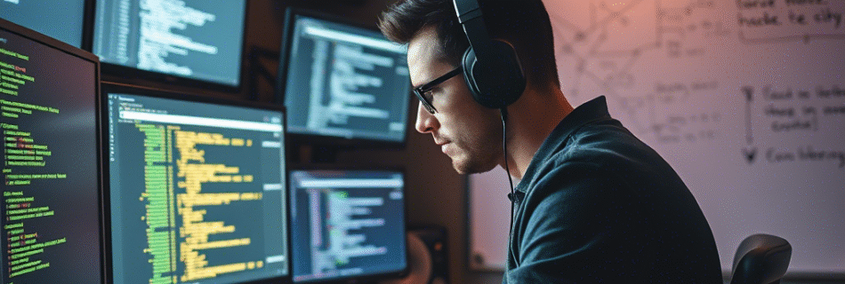 L'immagine mostra una persona davanti al computer con cuffie che usa strumenti da ethical hacker