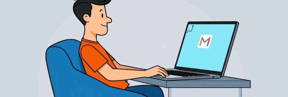 L'immagine mostra una scena in stile cartoon con un uomo seduto al computer che utilizza Wino Mail . L'atmosfera è moderna e minimalista, con elementi visivi che enfatizzano la funzionalità del software di posta elettronica.