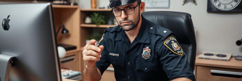 L'immagine mostra un poliziotto finto davanti a un computer che fa frodi online.