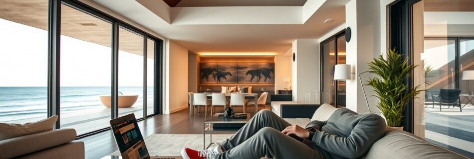 L'immagine mostra una casa vancaza con un truffatore che sta facendo la truffa davanti al computer senza farsi rintracciare.