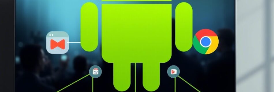 L'immagine mostra il logo di android tv con le relative app di sistema sullo schermo della smart tv android o google tv.